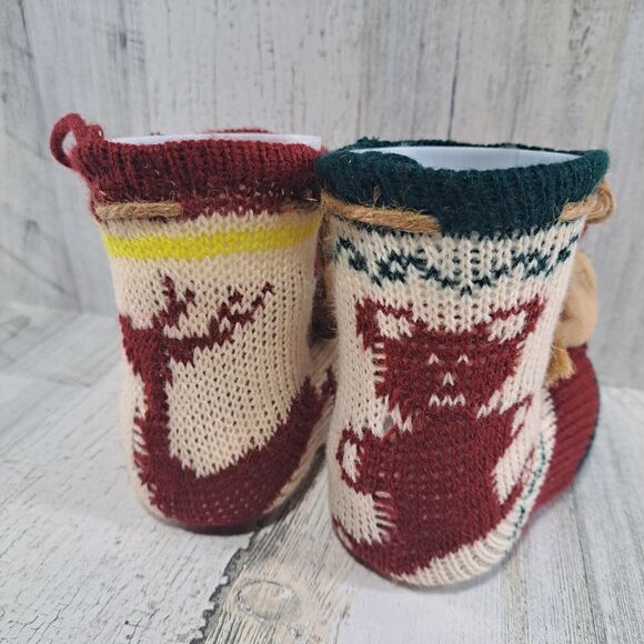 2 Knitted Christmas Boots Candy Cane Holders Stockings Plastic Inserts Deer Bear - Picture 5 of 10